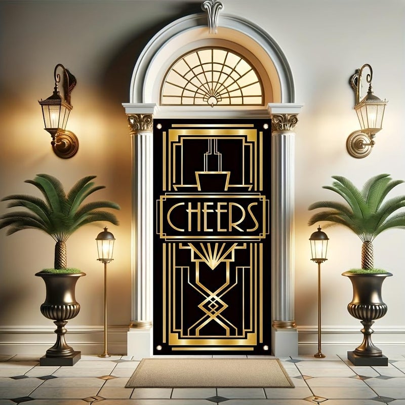 TOMHONG Cheers Door Banner Black and Gold 71x35 Inch Art Deco Party Decoration for New Year Wedding Cocktail Birthday Event Indoor Outdoor Decor - Image 3